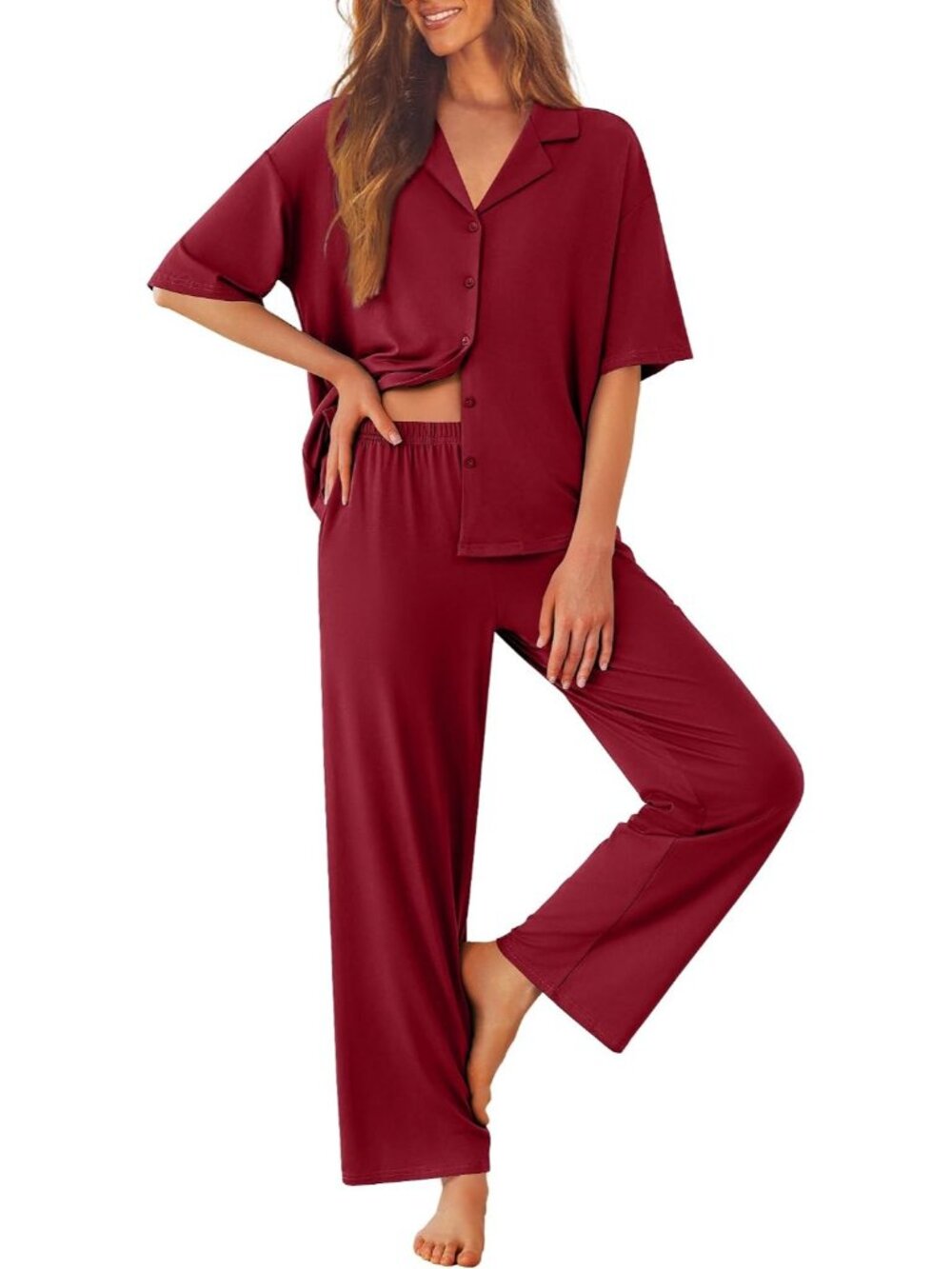 Women Wine Red Notch Lapel Short Sleeve Shirt Sleepwear with Long Pajamas Set